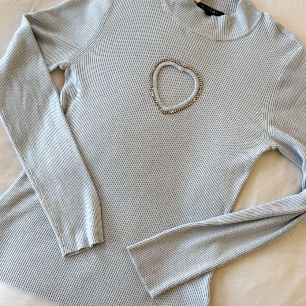 Guess Heart Cutout Embellished Ribbed Knit Sweater Ice Blue XL R50R23Z3EV0
